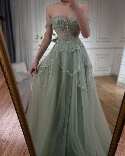 Shiny Ball Gown Off the Shoulder Sleeveless Tulle Pleated Sweep Train Prom Dress