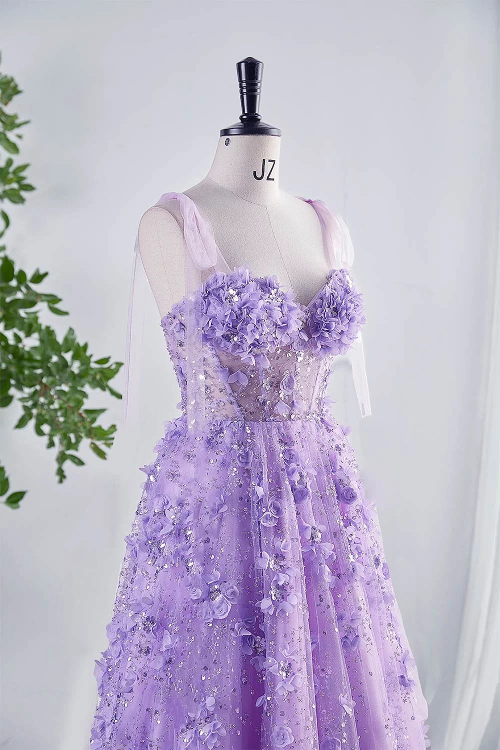 Shiny Lilac Prom Dress with Flowers