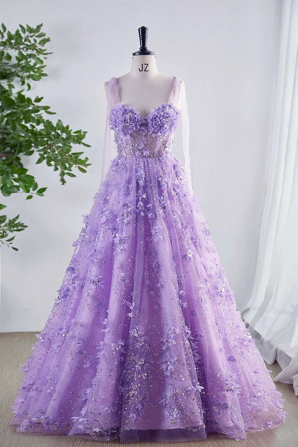 Shiny Lilac Prom Dress with Flowers