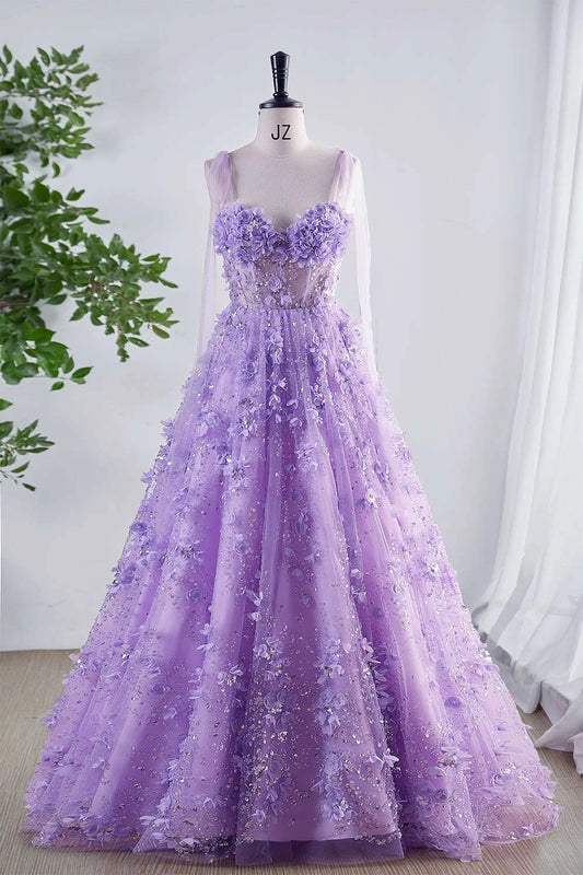 Shiny Lilac Prom Dress with Flowers