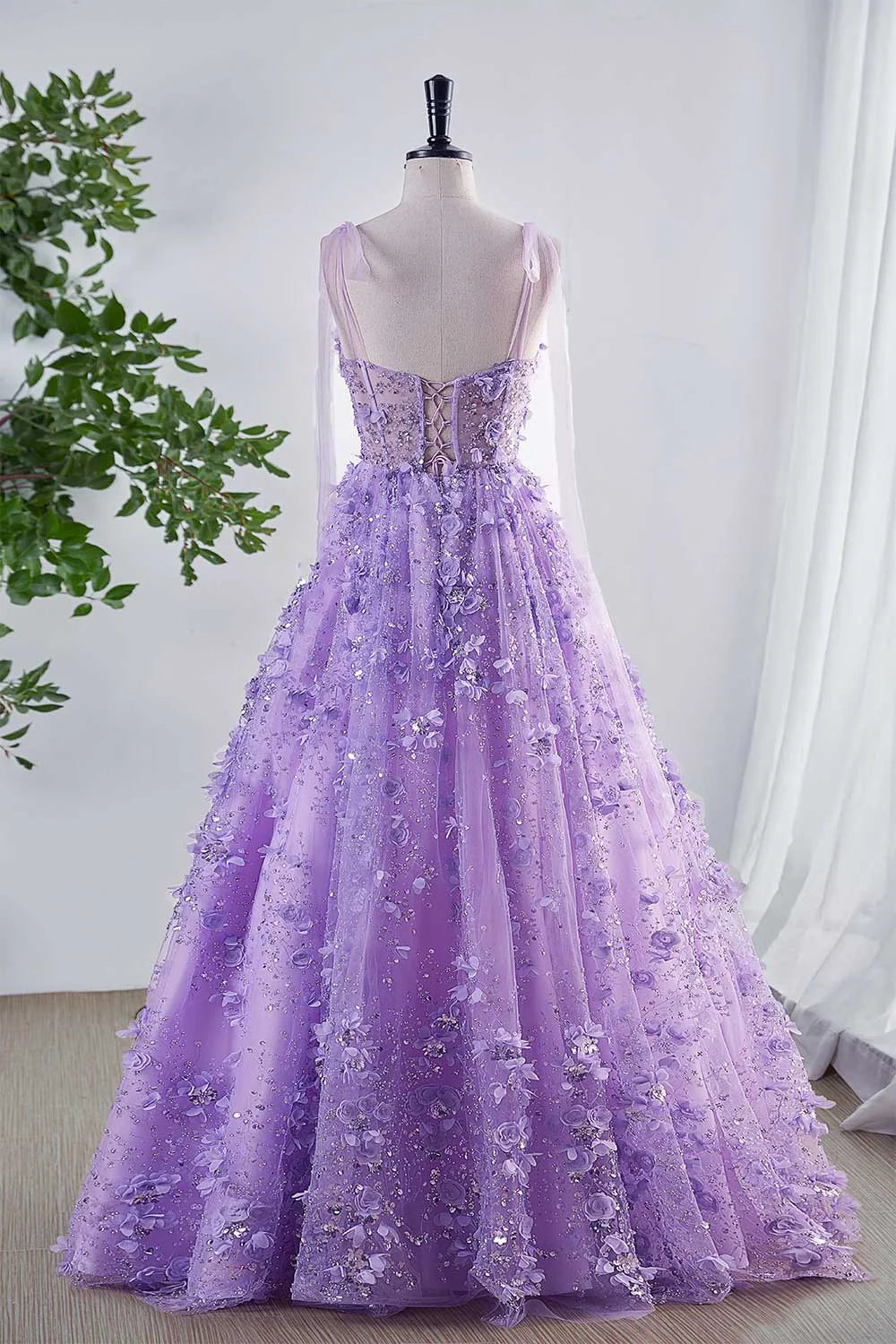 Shiny Lilac Prom Dress with Flowers