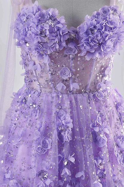 Shiny Lilac Prom Dress with Flowers