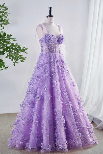 Shiny Lilac Prom Dress with Flowers