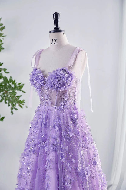 Shiny Lilac Prom Dress with Flowers