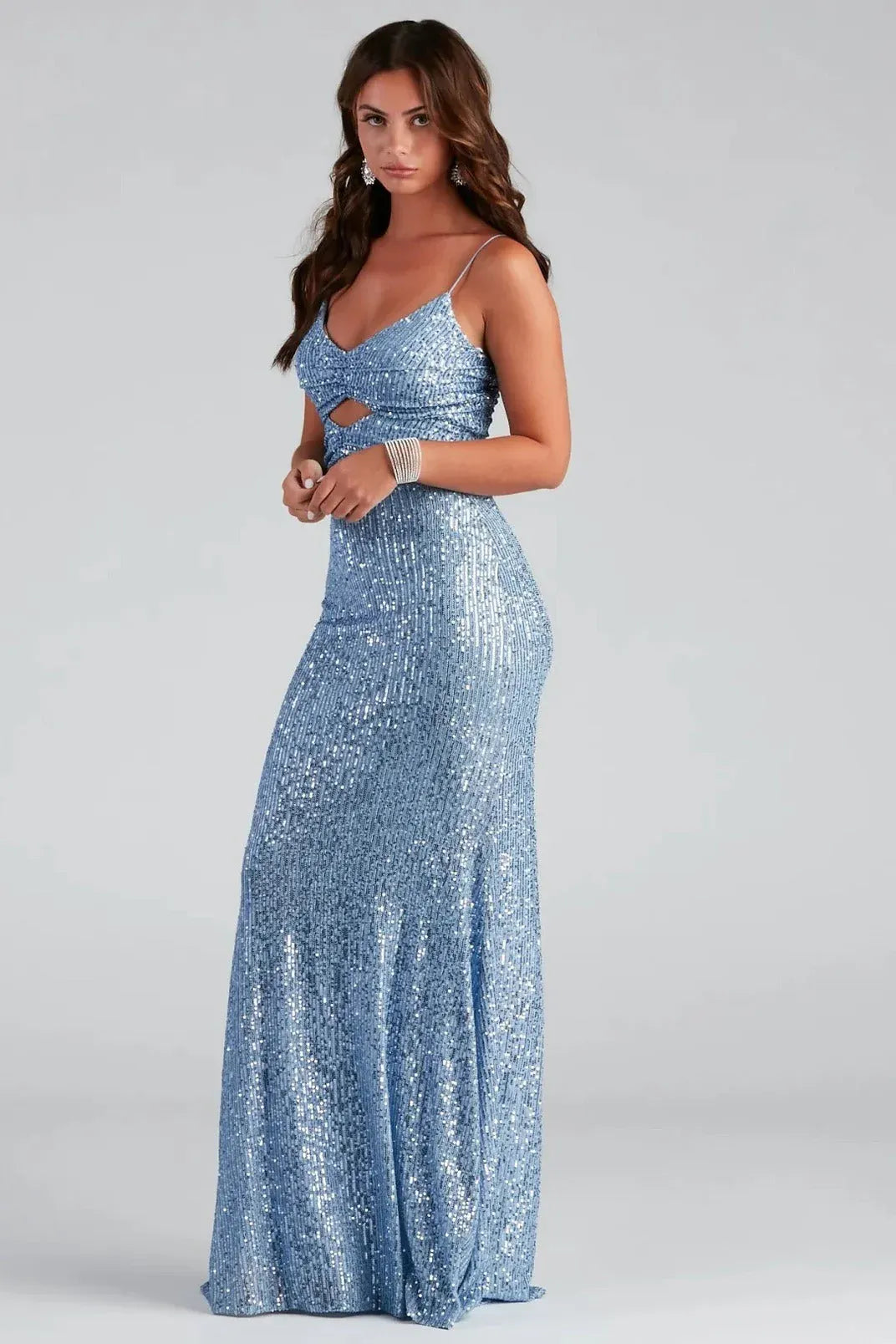 Dazzling Mermaid V-Neck Cut-Out Sequin Light Blue Floor-Length Prom Gown for Women