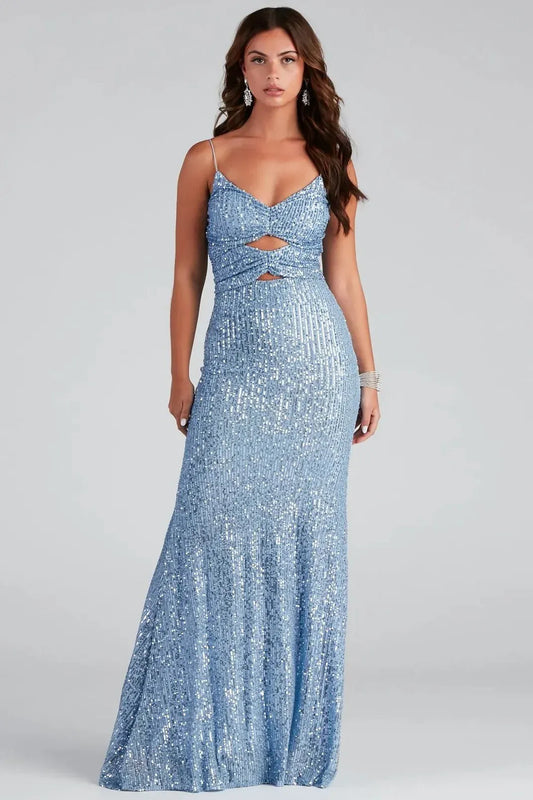Shiny Mermaid V-Neck Cut-Out Sequin Light Blue Floor-Length Prom Dress