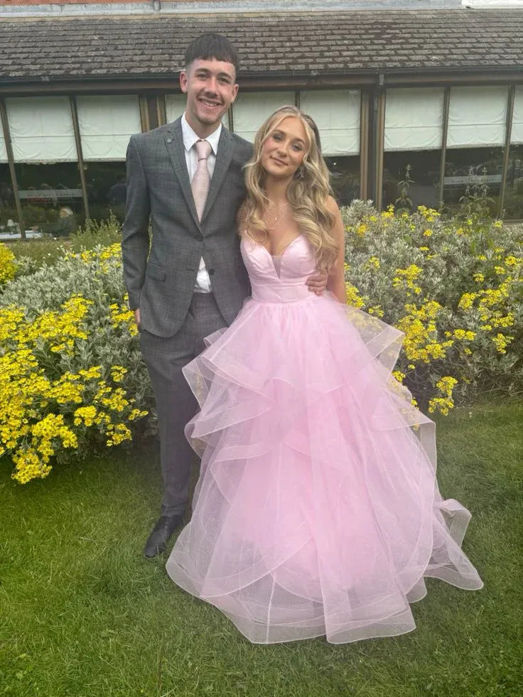 Shiny Off the Shoulder Sleeveless A Line Tiered Tulle Long Prom Dress
