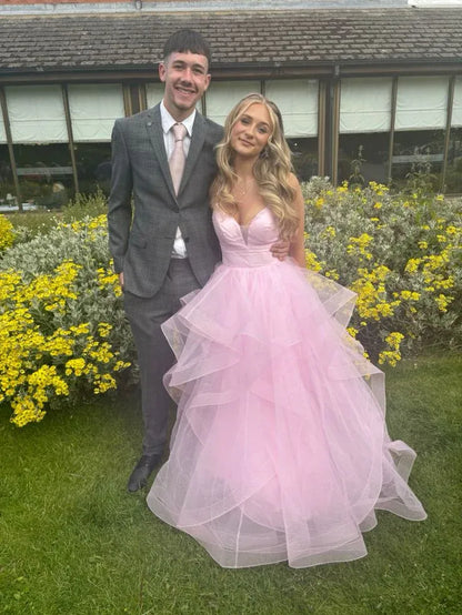 Shiny Off the Shoulder Sleeveless A Line Tiered Tulle Long Prom Dress