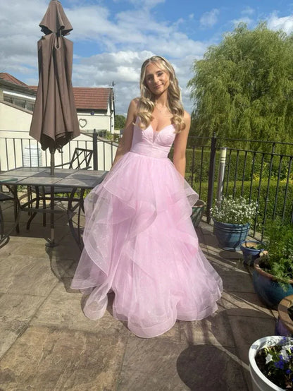 Shiny Off the Shoulder Sleeveless A Line Tiered Tulle Long Prom Dress