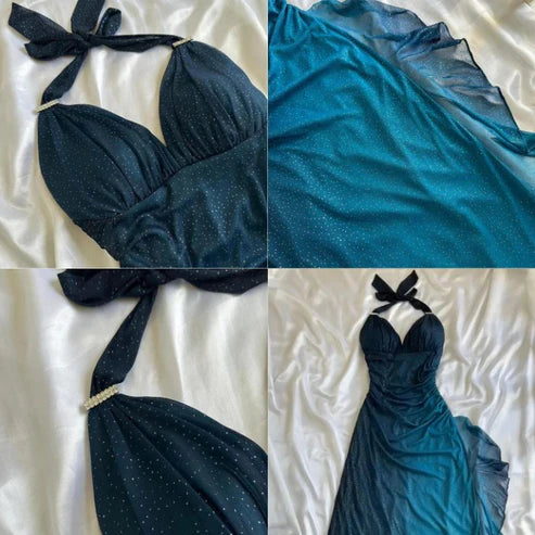 Shiny Sheath Halter Neck Sleeveless Open Back Floor-Length Evening Dress