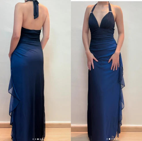 Shiny Sheath Halter Neck Sleeveless Open Back Floor-Length Evening Dress