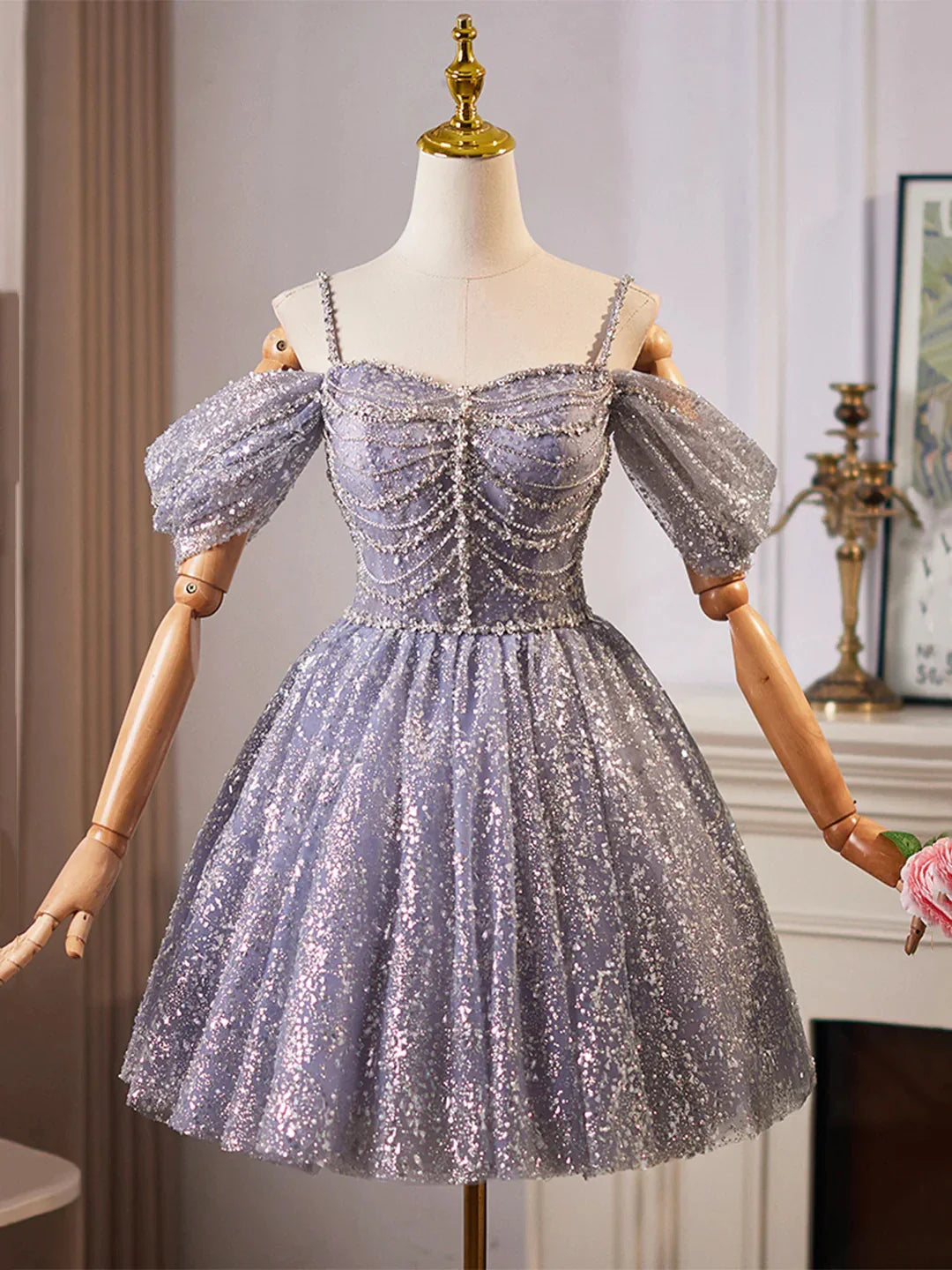 Shiny Tulle Sequins Knee Length Prom Dress A-Line Off the Shoulder Evening Party Dress