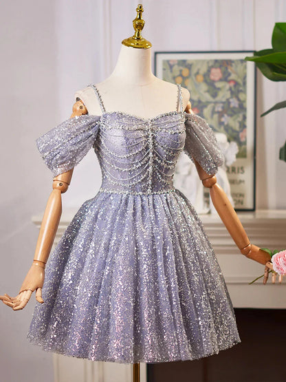 Shiny Tulle Sequins Knee Length Prom Dress A-Line Off the Shoulder Evening Party Dress