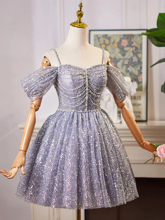 Shiny Tulle Sequins Knee Length Prom Dress A-Line Off the Shoulder Evening Party Dress