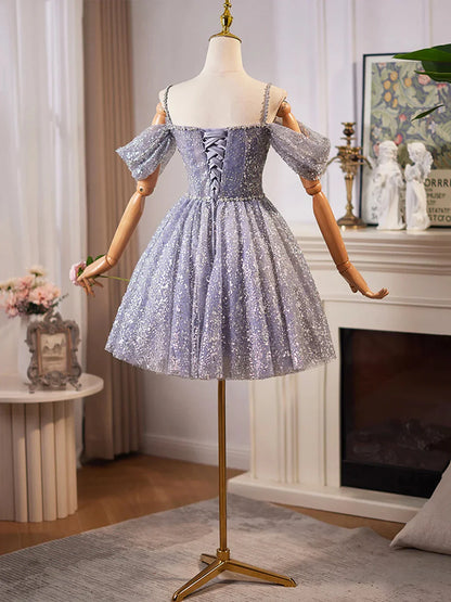 Shiny Tulle Sequins Knee Length Prom Dress A-Line Off the Shoulder Evening Party Dress