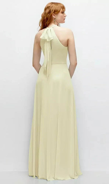 Shirred Halter Chiffon Maxi Dress with Back Sash-Tie Closure in Butter Yellow