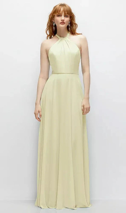 Shirred Halter Chiffon Maxi Dress with Back Sash-Tie Closure in Butter Yellow