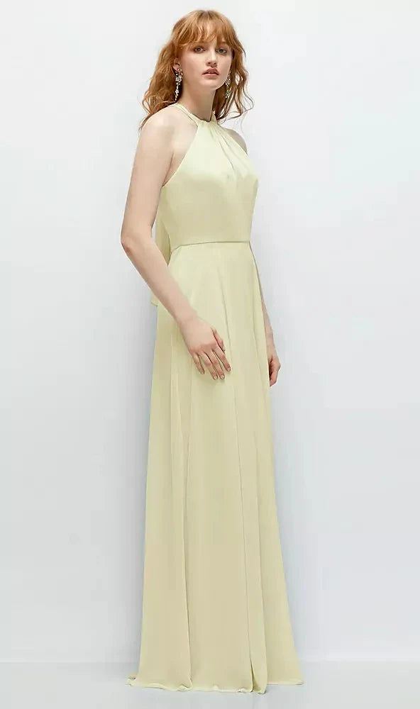 Shirred Halter Chiffon Maxi Dress with Back Sash-Tie Closure in Butter Yellow