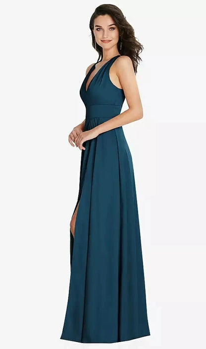 Shirred Shoulder Criss Cross Back Maxi Dress with Front Slit in Atlantic Blue