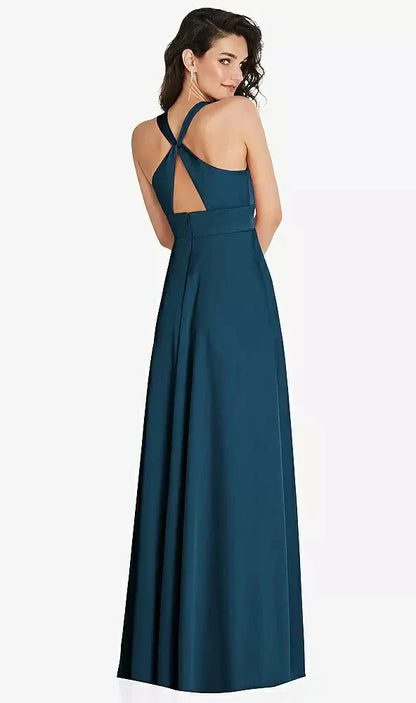 Shirred Shoulder Criss Cross Back Maxi Dress with Front Slit in Atlantic Blue