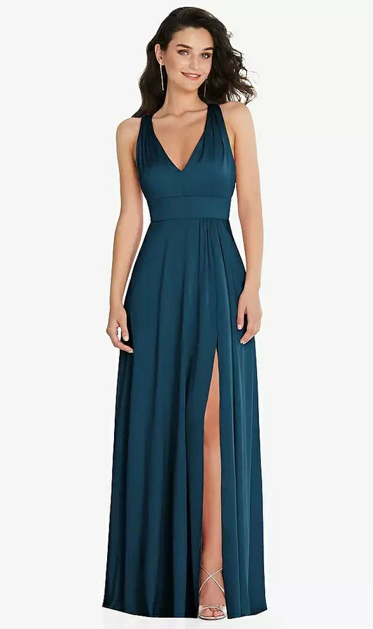 Shirred Shoulder Criss Cross Back Maxi Dress with Front Slit in Atlantic Blue