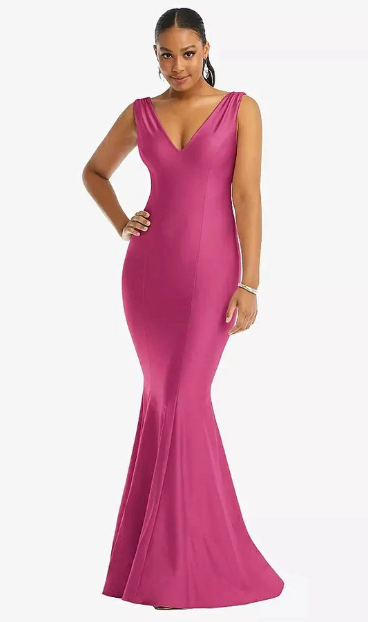Shirred Shoulder Stretch Satin Mermaid Dress with Slight Train in Tea Rose