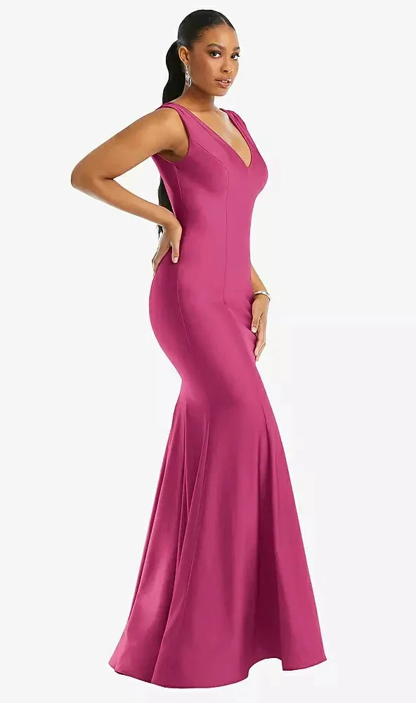 Shirred Shoulder Stretch Satin Mermaid Dress with Slight Train in Tea Rose