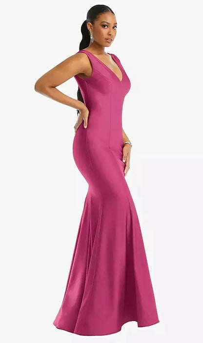 Shirred Shoulder Stretch Satin Mermaid Dress with Slight Train in Tea Rose
