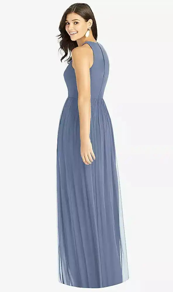Shirred Skirt Jewel Neck Halter Dress with Front Slit in Larkspur Blue