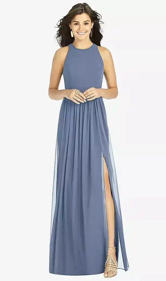Shirred Skirt Jewel Neck Halter Dress with Front Slit in Larkspur Blue