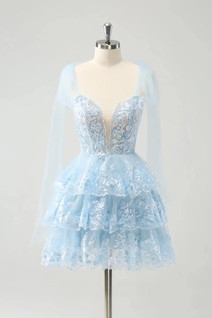 Short Corset Tiered Blue Homecoming Dress with Sequin