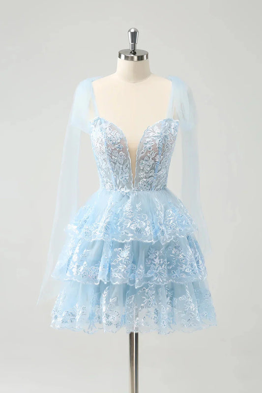 Short Corset Tiered Blue Homecoming Dress with Sequin