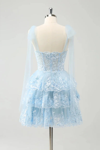 Short Corset Tiered Blue Homecoming Dress with Sequin