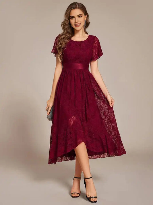 Short Sleeve Ruffled Empire Waist Lace Midi Formal Dress Mother Of The Bride Dresses