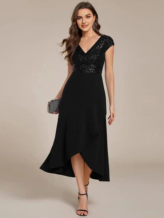 Short Sleeve V-Neck Midi Sequin Formal Dress Mother Of The Bride Dresses