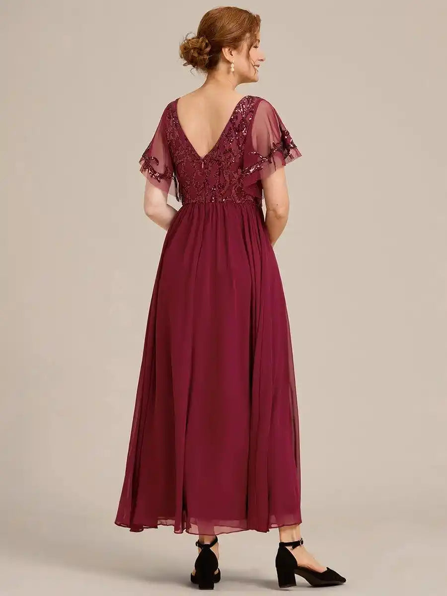 Short Sleeve V-Neck Sequin Chiffon A-Line Mother of the Bride Dress