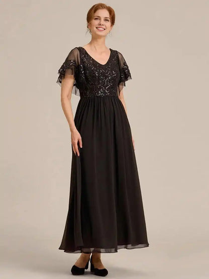 Short Sleeve V-Neck Sequin Chiffon A-Line Mother of the Bride Dress