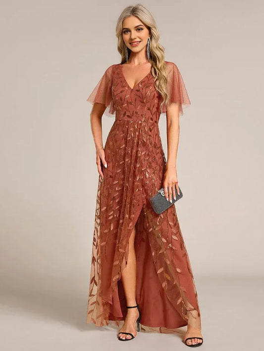 Short Sleeves Sequin High Low V-Neck Midi Formal Wedding Guest Dress Mother Of The Bride Dresses