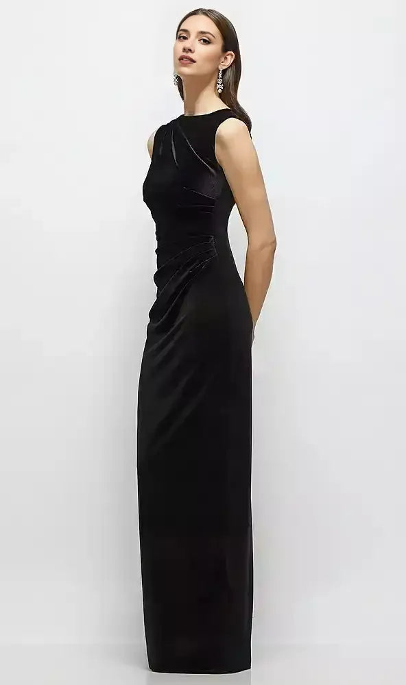 High-Neck Cap Shoulder Pleated Bodice Velvet Column Maxi Dress in Black