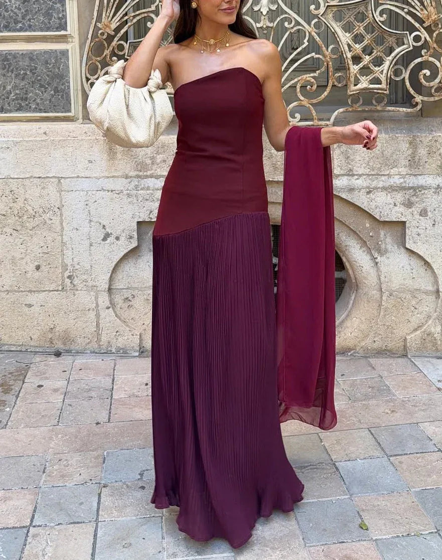 Simple A-Line Asymmetrical Neck Sleeveless Pleated Chiffon Floor-Length Prom Dress