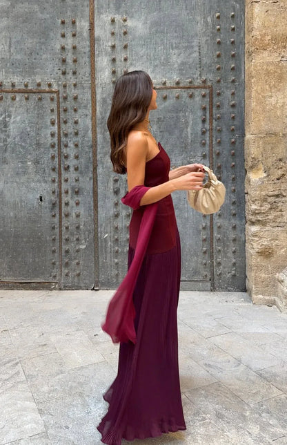 Simple A-Line Asymmetrical Neck Sleeveless Pleated Chiffon Floor-Length Prom Dress