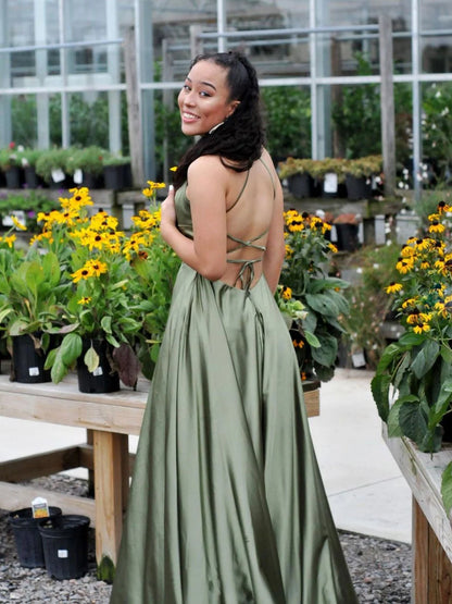 Simple A-Line Halter Neck Sleeveless Backless Sweep/Brush Train Prom Dress