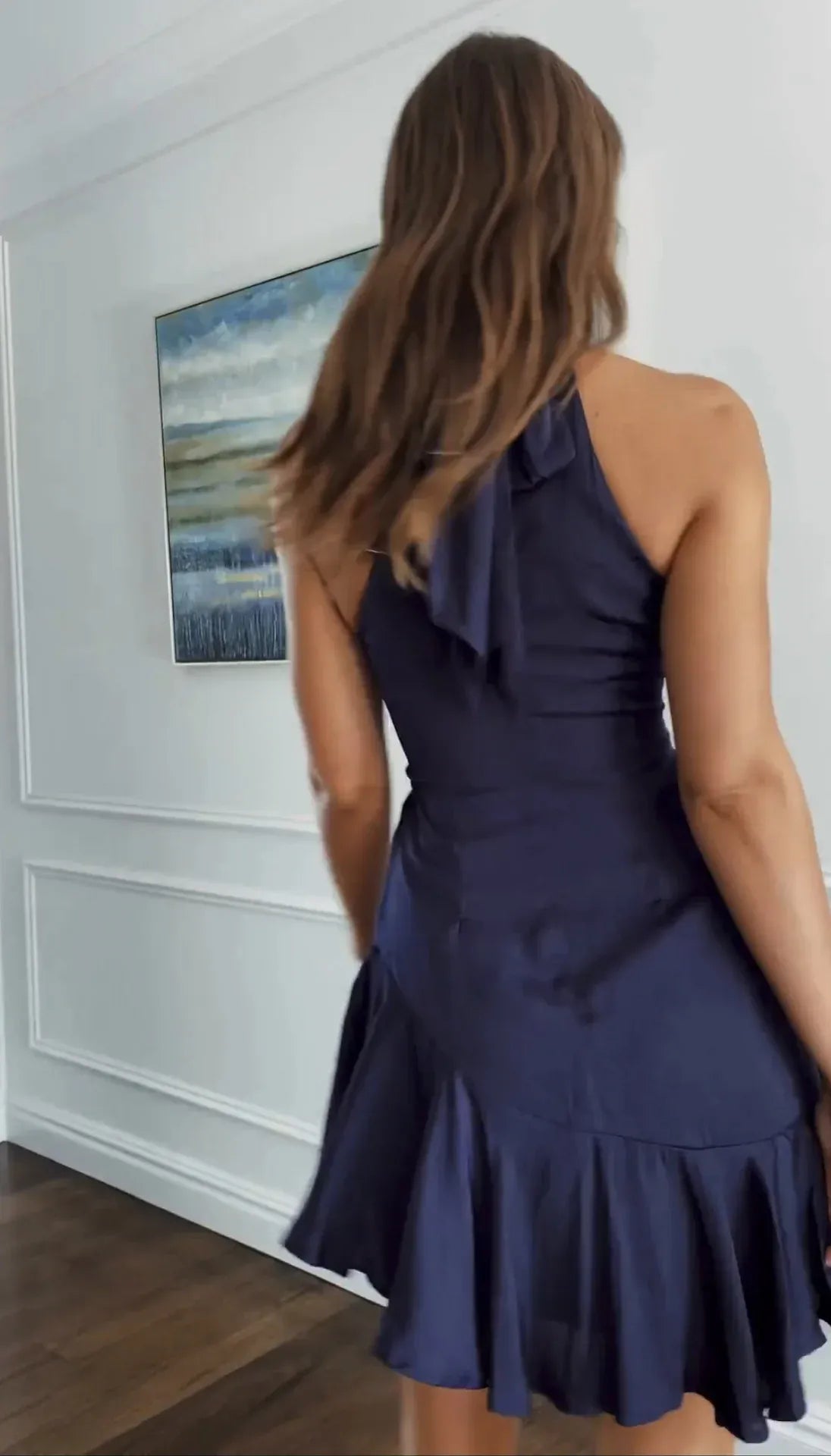 Chic A-Line Halter Navy Mini Homecoming Dress with Ruffled Hem