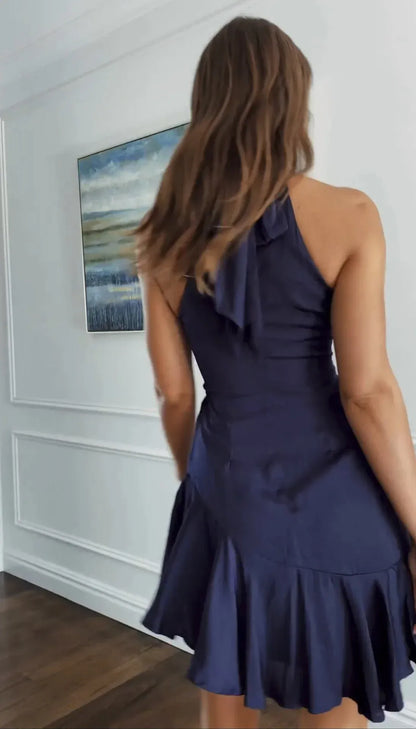 Chic A-Line Halter Navy Mini Homecoming Dress with Ruffled Hem