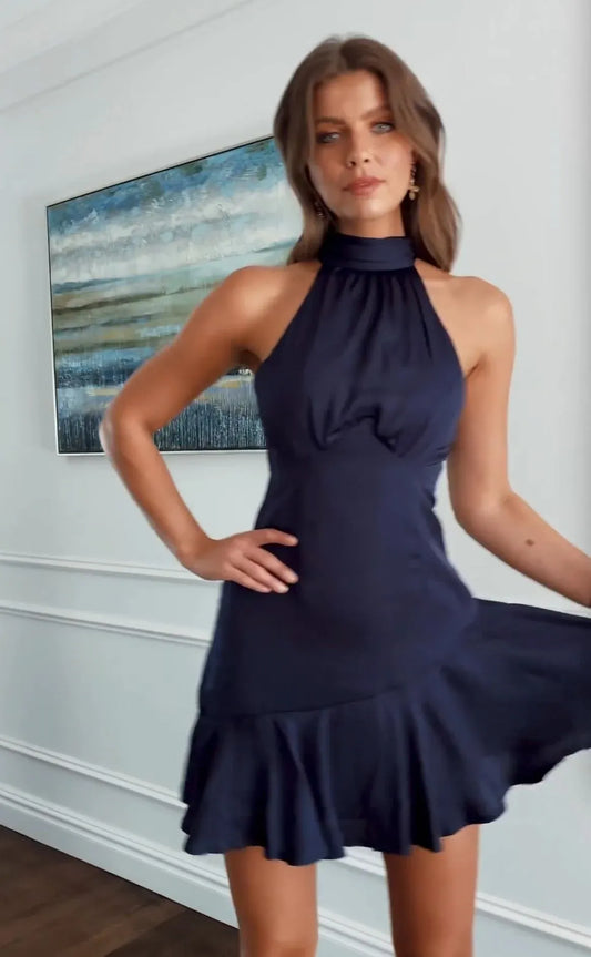 Simple A-Line Halter Neck Sleeveless Navy Mini Homecoming Dress With Ruffled Hem