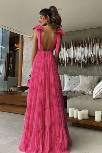 Simple A-Line Halter Neck Sleeveless Pleated Tulle Floor-Length Prom Dress