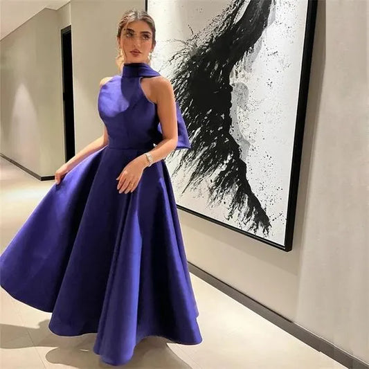 Simple A-Line High Neck Sleeveless Satin Pleated Floor-Length Evening Dress
