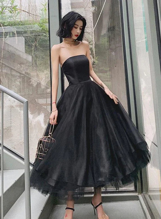 Simple A-Line Off-The-Shoulder Sleeveless Satin Tea Length Prom Dress