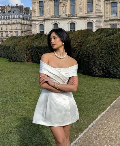 Simple A-Line Off Shoulder Sleeveless Pleated Satin Short-Mini Homecoming Dress