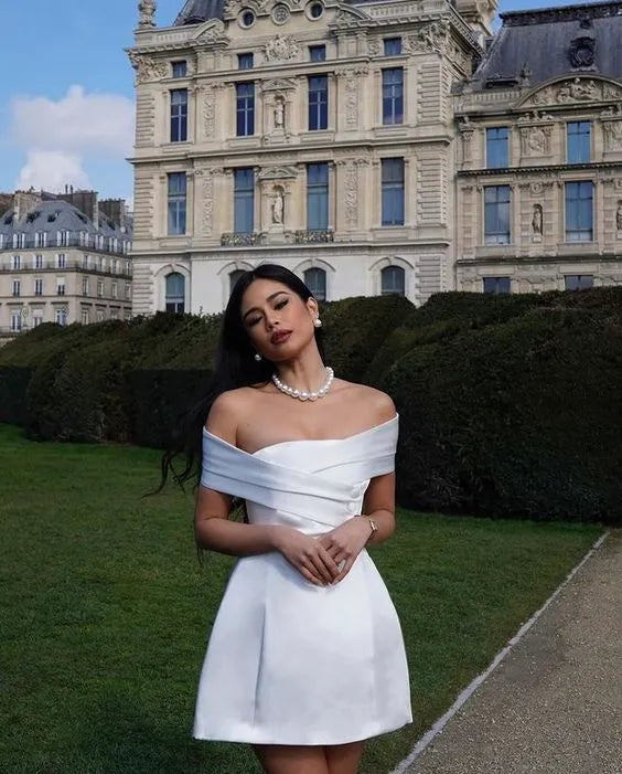 Simple A-Line Off Shoulder Sleeveless Pleated Satin Short-Mini Homecoming Dress